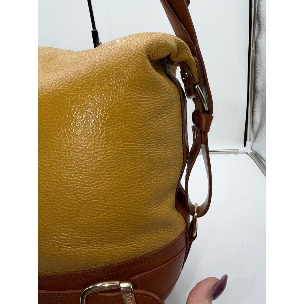 Valentina Italia Leather Shoulder Bag Mustard Yellow Cognac Brown Gold Hardware - Picture 5 of 16
